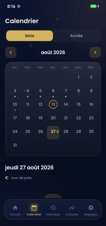 Calendrier mensuel des missions