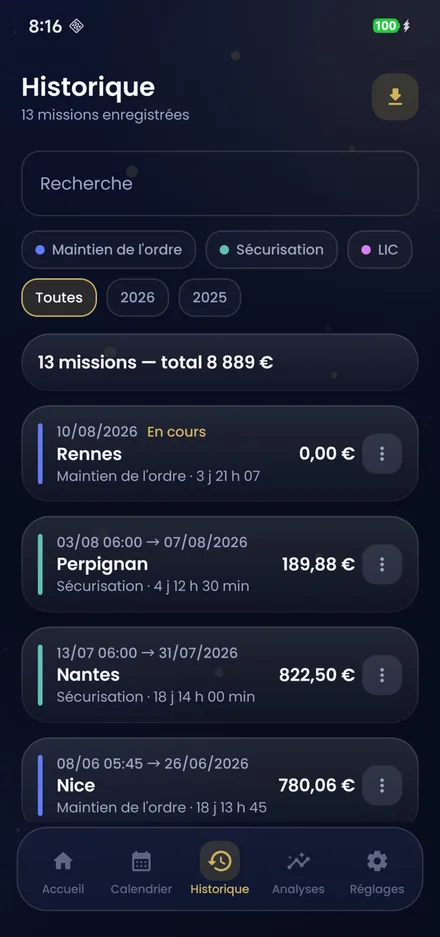 Historique détaillé des déplacements