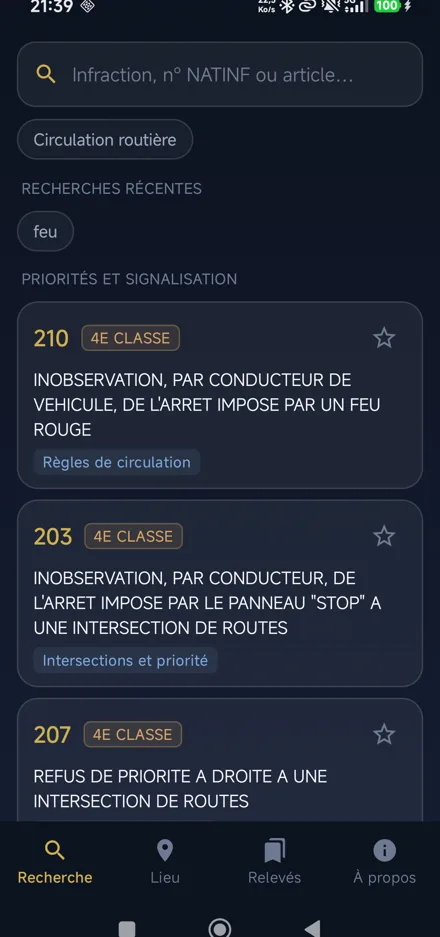 Écran d’accueil : recherches récentes et infractions courantes par thème
