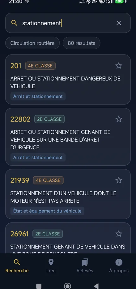 Résultats de recherche par mot-clé, avec numéro et classe de contravention