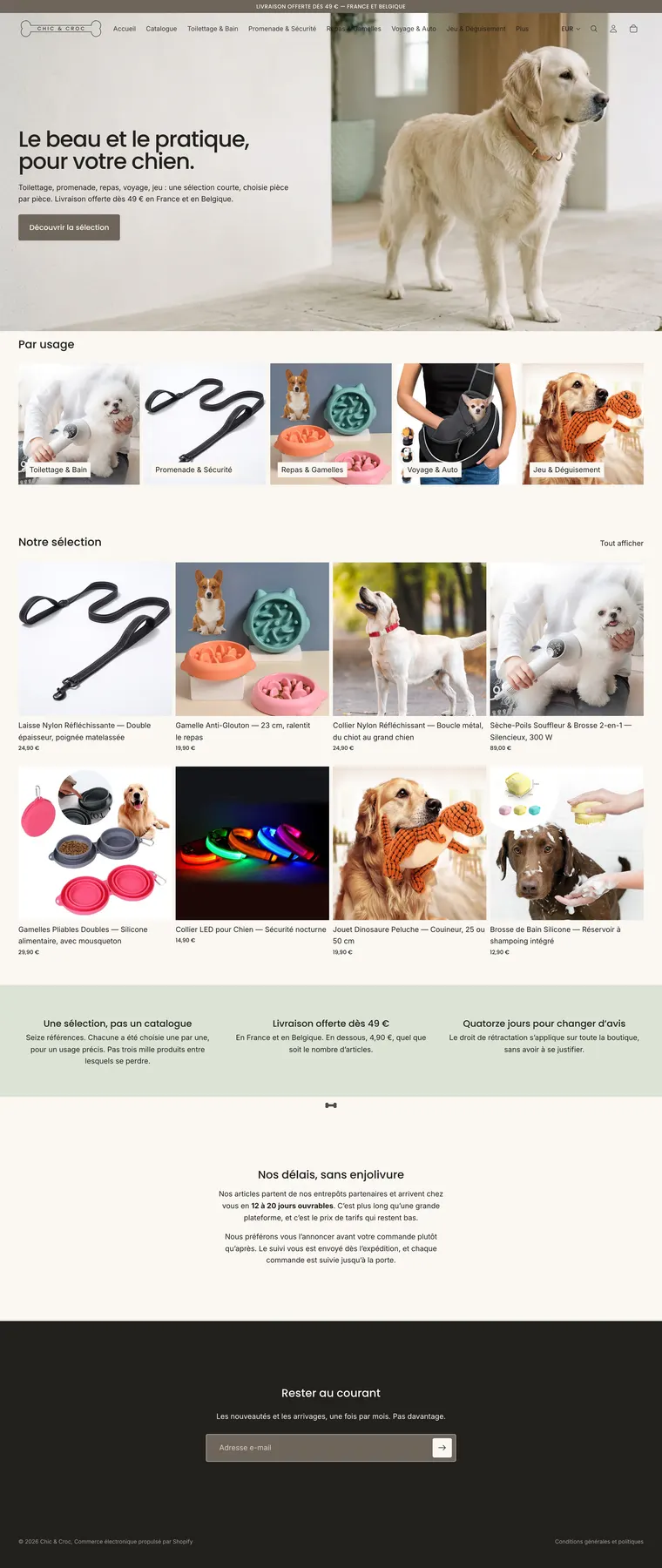Accueil de la boutique Chic & Croc : bannière, rayons par usage et sélection de produits