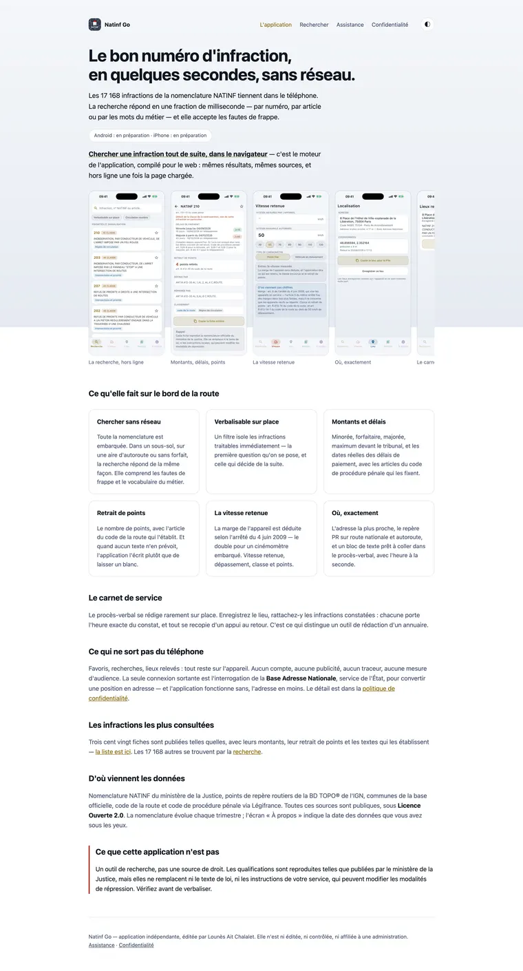 Page d'accueil de natinfgo.fr : titre, capture des écrans de l'application et grille des fonctions